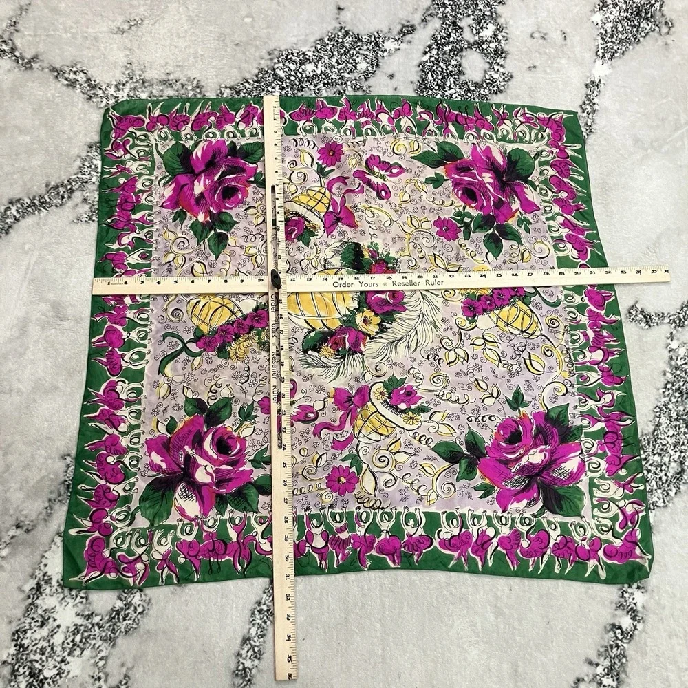 Vintage 100% Silk Floral Square Scarf Pink Green Rose Butterfly Hand Rolled